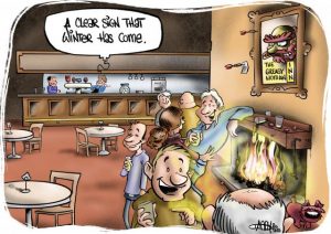 CARTOON: staying warm by the fireside