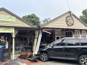 Alleged stolen vehicle smashes into Olinda stores
